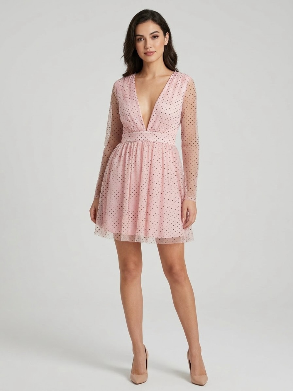 Double Crazy Women's Polka Dot Mesh Plunge Deep V-Neck Long Sleeve Mini Dress